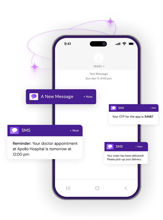 Phone showing SMS notifications — a new message, an OTP code, an appointment reminder and a delivery update — framed by orbiting rings
