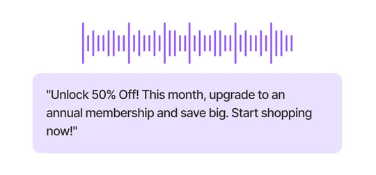 Voice message waveform with a promotional script